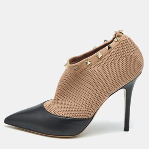 Valentino Beige/Black Leather and Knit Fabric Rockstud Ankle Length Boots Size 37, Boots - Luxury Closet