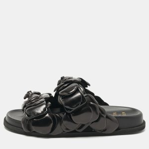 Valentino Black Leather 03 Rose Edition Atelier Flat Slides Size 36, Flats - Luxury Closet