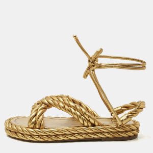 Valentino Gold Leather The Rope  Ankle Wrap Flat Sandals Size 36, Sandals - Luxury Closet