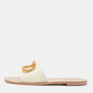 Valentino Ivory Leather Embellished VLogo Flat Slides Size 38.5, Flats - Luxury Closet catalog