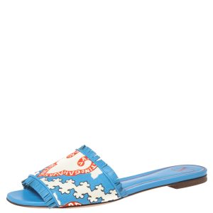 Valentino Blue Canvas Flower Palm Leaf Flat Slides Size 39, Sandals - Luxury Closet