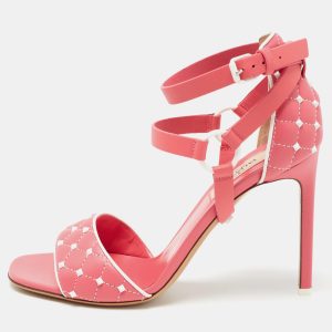 Valentino Pink/White Leather Rockstud Ankle Strap Sandals Size 38, Sandals - Luxury Closet