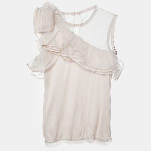 Valentino T-Shirt Couture Pale Pink Jersey & Mesh Ruffled Top L, Shirts & Tops - Luxury Closet