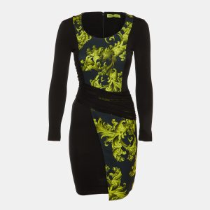 Versace Jeans Black Baroque Print Cady Ruched Bodycon Dress S, Dresses - Luxury Closet