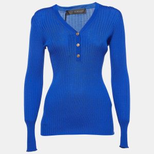 Versace Blue Rib Knit Wool Full Sleeves Button Detail Sweater M, Sweaters & Cardigans - Luxury Closet