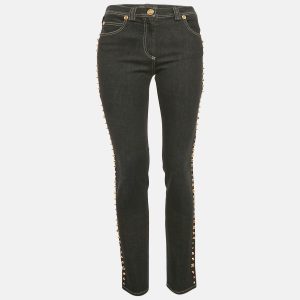 Versace Navy Blue Studded Denim Medusa Button Detail Jeans M Waist 28", Jeans - Luxury Closet