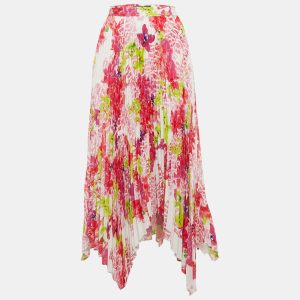 Versace Multicolor Floral Print Satin Pleated Asymmetric Midi Skirt L, Skirts - Luxury Closet