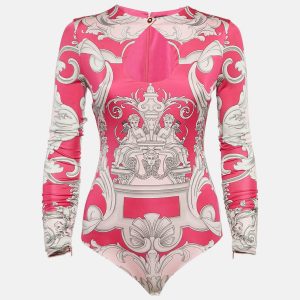 Versace Pink Baroque Print Jersey Keyhole Neck Bodysuit S, Shirts & Tops - Luxury Closet