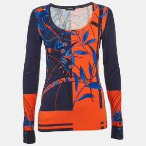 Versace Blue/Orange Printed Jersey Long Sleeve T-Shirt M, Shirts & Tops - Luxury Closet