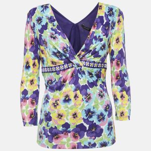 Versace Multicolor Floral Jersey V-Neck Long Sleeve Top L, Shirts & Tops - Luxury Closet
