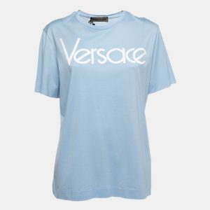 Versace Light Blue Cotton Logo Embroidered Tribute T-Shirt M, Shirts & Tops - Luxury Closet