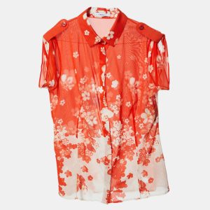 Versace Orange Floral Print Silk Crepe Button Front Blouse M, Shirts & Tops - Luxury Closet