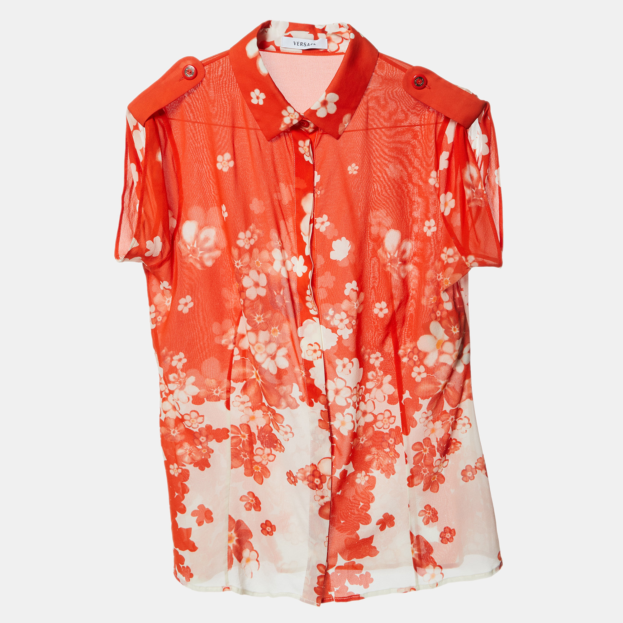 Versace Orange Floral Print Silk Crepe Button Front Blouse M, Shirts & Tops - Luxury Closet