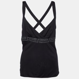 Versace Black Jersey Crystal Greca Embellished Tank Top M, Shirts & Tops - Luxury Closet