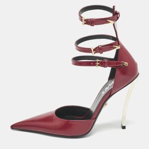 Versace Burgundy Brushed Leather Pin-Point Ankle Strap Pumps Size 36, Pumps - Luxury Closet