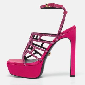 Versace Pink Satin Crystal Embellished Platform Sandals Size 39, Sandals - Luxury Closet