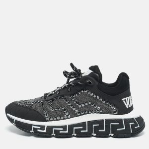 Versace Black/Grey Leather and Lurex Fabric Trigreca Sneakers Size 40, Athletic Shoes & Sneakers - Luxury Closet