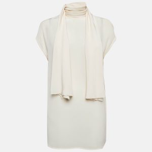 Versace Cream Silk Tie-Up Neck Sleeveless Blouse M, Shirts & Tops - Luxury Closet catalog