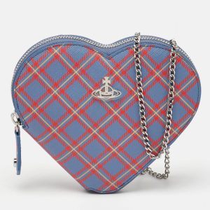Vivienne Westwood Blue/Red Check Printed Saffiano Heart Zip Crossbody Bag, Handbags - Luxury Closet catalog