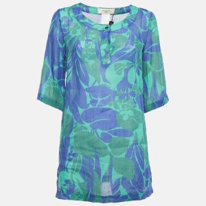 Weekend Max Mara Green/Blue Floral Print Ramie Buttoned Tunic XS, Shirts & Tops - Luxury Closet