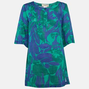 Weekend Max Mara Green/Blue Floral Print Ramie Buttoned Tunic S, Shirts & Tops - Luxury Closet