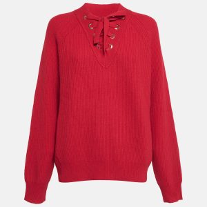 Zadig & Voltaire Red Rib Knit Lace-Up Kassy LC Sweater L, Sweaters & Cardigans - Luxury Closet
