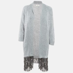 Zadig & Voltaire Delux Grey Cashmere Knit Open Front Fringed Cardigan XS/S, Sweaters & Cardigans - Luxury Closet