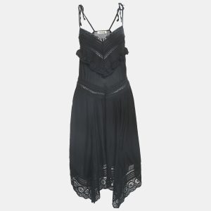 Zadig & Voltaire Black Cotton Lace Trimmed Tie-Up Detail Asymmetric Midi Dress XS, Dresses - Luxury Closet