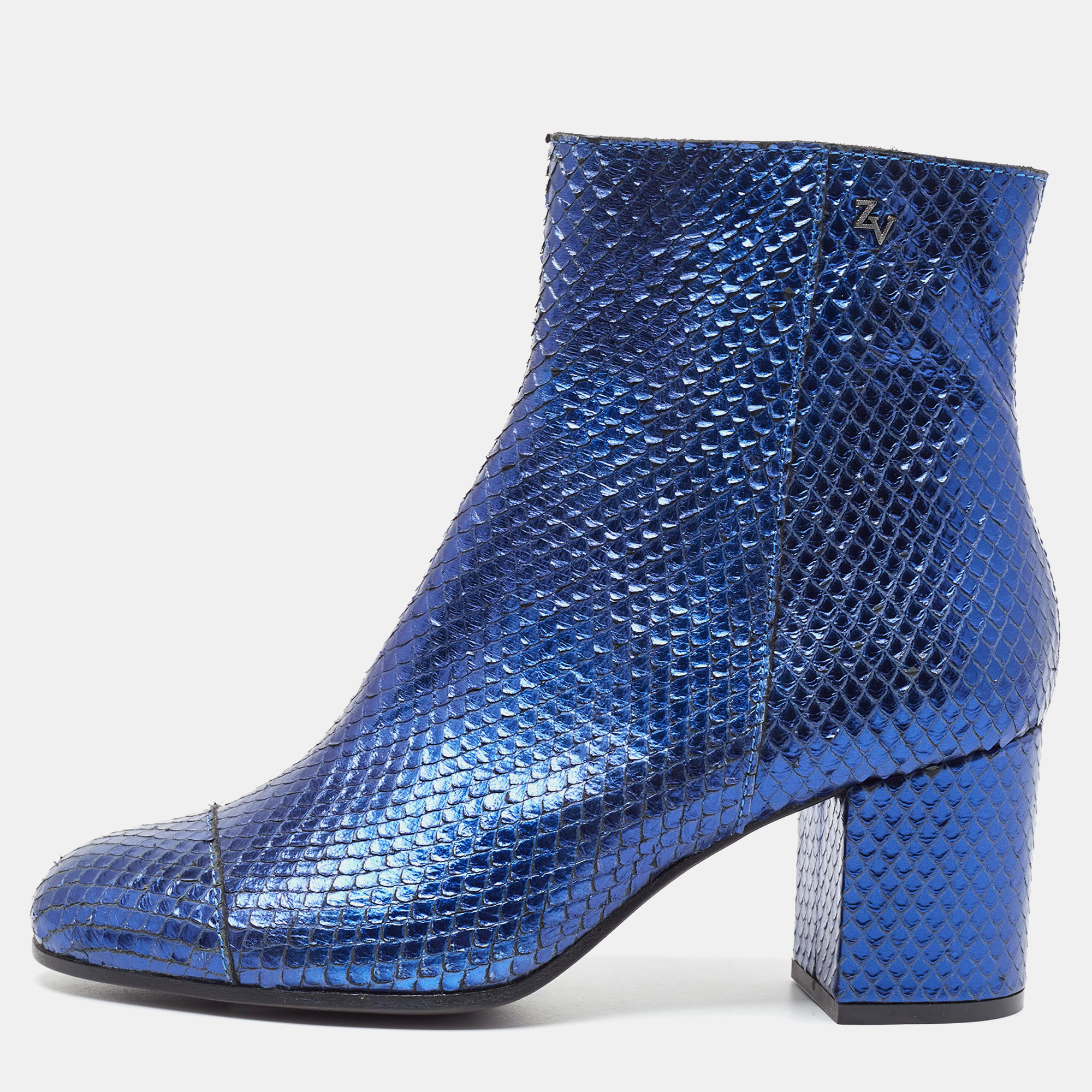 Zadiq & Voltaire Blue Python Leather Block Heel Ankle Boots Size 37, Boots - Luxury Closet catalog
