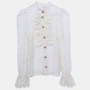Zimmermann Cream Lace Ruffled Sheer Blouse M, Shirts & Tops - Luxury Closet