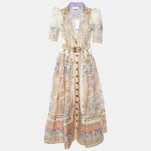 Zimmermann Light Beige Printed Linen & Silk Belted Maxi Dress S, Dresses - Luxury Closet