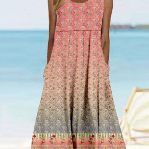 Women Ethnic Sleeveless Summer Dress Crew Neck Daily Vintage Maxi Tank A-Line Dress, JustFashionNow Dresses, color:As Picture|size:4XL,