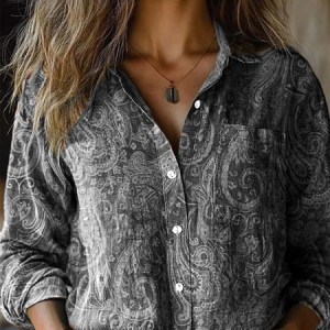 Women's Long Sleeve Shirt Spring/Fall Paisley Shawl Collar Daily Going Out Vintage Top, JustFashionNow Blouses, color:Deep Gray|size:4XL,