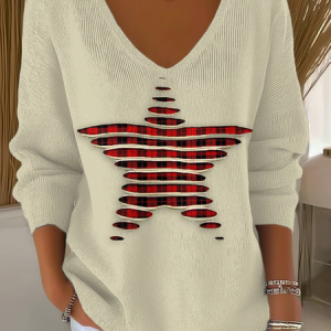 Women Plaid Long Sleeve Tee T-shirt V Neck Printing Casual Spring/Fall Top, JustFashionNow T-Shirts, color:Apricot|size:4XL,