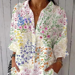 Shirt Collar Long Sleeve Floral Regular Micro-Elasticity Regular Fit Shirt For Women, Blouses, color:As Picture|size:4XL, catalog Noracora shop