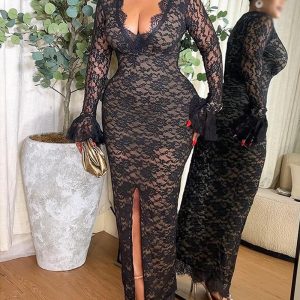 Eyelash Lace Spliced Deep V Neck Flared Cuffs Lace Maxi Dress Slim Fit Slit Front Evening Dress, women Lace Dresses, ChicMe catalog