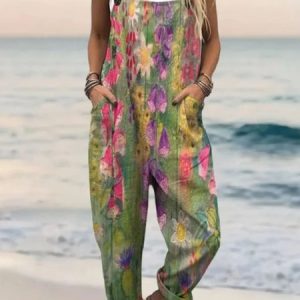 Women Floral Square Neck Gallus Casual Summer Cotton And Linen Jumpsuit, Jumpsuits&Rompers, color:Green|size:4XL, catalog Noracora shop