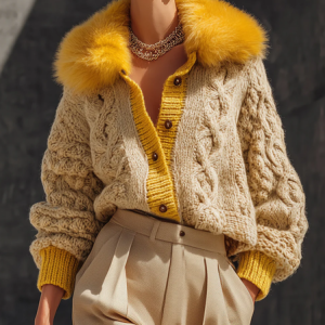 Urban Color Block Buttoned Fur Collar Cardigan, Cardigans, color:Yellow|size:XXL, Stylewe