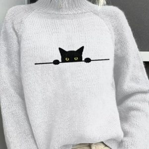 Women Cat Long Sleeve Comfy Casual Sweater, Sweaters, color:White|size:3XL, catalog Noracora shop