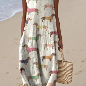 Women Painting Summer Dress Crew Neck Sleeveless A-Line Dress, Dresses, color:Apricot|size:4XL, catalog Noracora shop