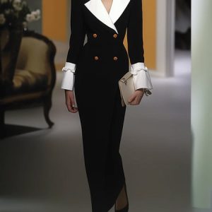 Elegant Color Block Shawl Collar Maxi Dress, Maxi Dresses, color:Black|size:XXL, Stylewe