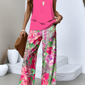 Women Floral Two-Piece Set Daily Sleeveless Casual Summer Top With Pants Matching Set, JustFashionNow Suit Set, color:Deep Pink|size:XXL,