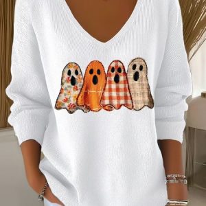 Women Cotton Halloween Cute Ghost Print Long Sleeve Comfy Casual Sweater, Sweaters, color:White|size:4XL, catalog Noracora shop