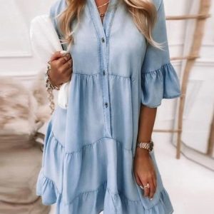 Women's Sweet Temperament Solid Color Washed Cotton Five-Quarter Sleeve A-Line Mid-Length Denim Dress, Dresses, color:Blue|size:3XL, catalog Noracora shop