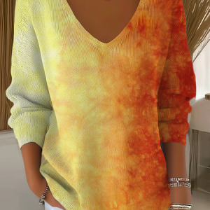 Women Ombre Long Sleeve Tee T-shirt V Neck Printing Casual Spring/Fall Top, JustFashionNow T-Shirts, color:Orange|size:4XL