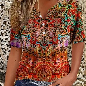 Women Floral Short Sleeve Tee T-shirt Crew Neck Printing Casual Summer Graphic Tee Top, JustFashionNow T-Shirts, color:Orange|size:4XL