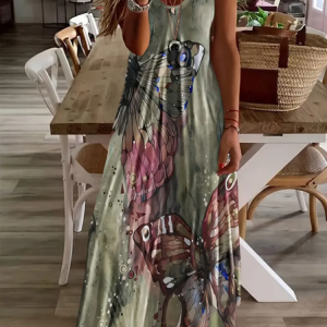 Women Butterfly Short Sleeve Summer Printing Dress V Neck Daily Casual Maxi X-Line Dress, JustFashionNow Casual Dresses, color:Green|size:3XL,