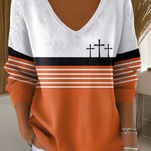 Women Multicolor Block Long Sleeve Tee T-shirt V Neck Printing Casual Spring/Fall Top, JustFashionNow T-Shirts, color:Orange|size:4XL