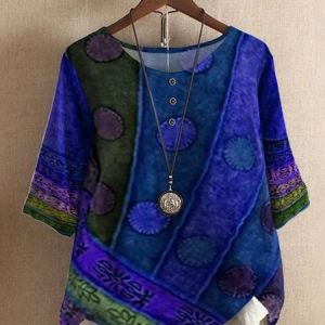 Vintage Geometric V Neck Short Sleeve T-shirt, Blouses, color:Blue|size:5XL, catalog Noracora shop