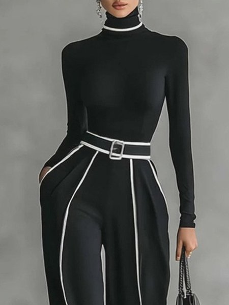 Plus Size Casual Color Block Turtleneck T-shirt, Plus Tops, color:Black|size:4X, Stylewe